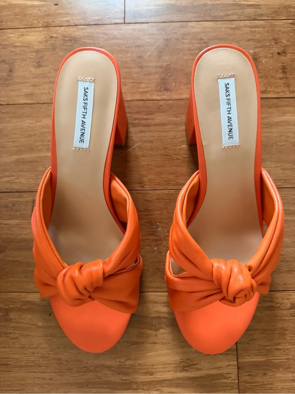 Saks Fifth Avenue Victoria Knotted Leather Block Heel Sandals - Orange - NIB